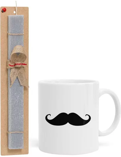 Πασχαλινή Λαμπάδα Μουστάκι Σετ με Κούπα Κεραμική 330ml Αρωματική Γκρι