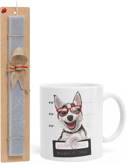 Πασχαλινή Λαμπάδα Warning Beware of Dog Σετ με Κούπα Κεραμική 330ml Αρωματική Γκρι