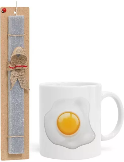 Πασχαλινή Λαμπάδα Τηγανητό Αυγό Σετ με Κούπα Κεραμική 330ml Αρωματική Γκρι