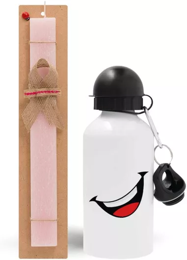 Πασχαλινή Λαμπάδα Φατσούλα Γελάω Σετ με Παγούρι Αλουμινίου 500ml Αρωματική Ροζ