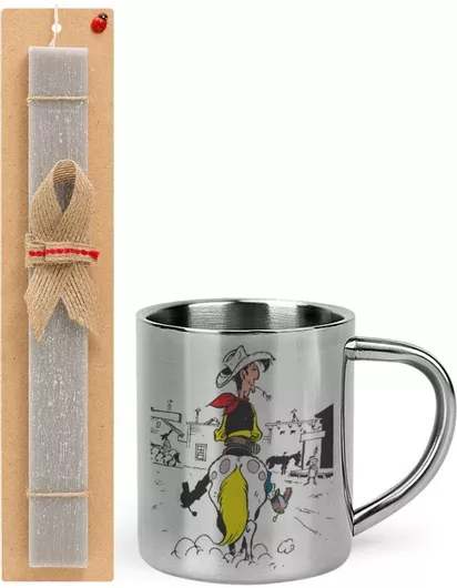 Πασχαλινή Λαμπάδα Λούκυ Λουκ Comic Σετ με Μεταλλική Κούπα 300ml Αρωματική Γκρι