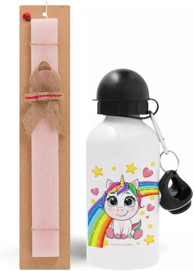 Πασχαλινή Λαμπάδα Unicorn Baby Σετ με Παγούρι Αλουμινίου 500ml Αρωματική Ροζ
