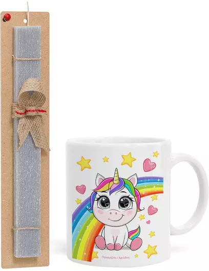 Πασχαλινή Λαμπάδα Unicorn Baby Σετ με Κούπα Κεραμική 330ml Αρωματική Γκρι
