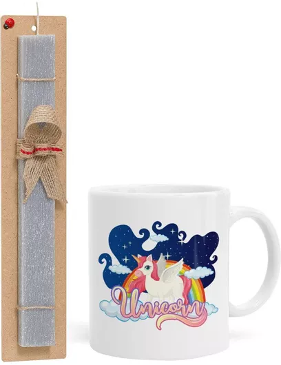 Πασχαλινή Λαμπάδα Μονόκερος Σετ με Κούπα Κεραμική 330ml Αρωματική Γκρι