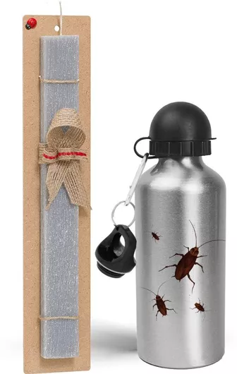 Πασχαλινή Λαμπάδα Κατσαρίδα Σετ με Παγούρι Αλουμινίου 500ml Αρωματική Γκρι