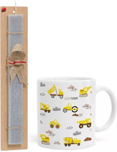 Πασχαλινή Λαμπάδα Αμαξάκια Φορτωτές & Μπουλντόζες Σετ με Κούπα Κεραμική 330ml Αρωματική Γκρι