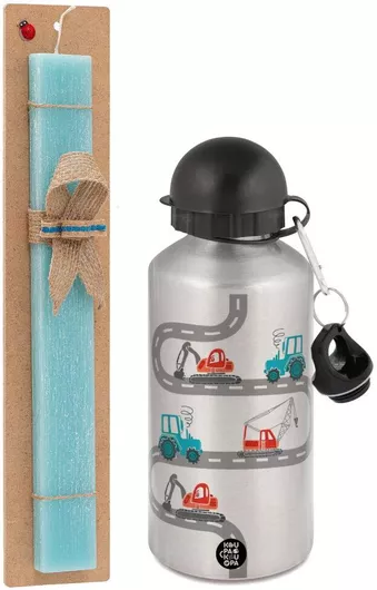 Πασχαλινή Λαμπάδα Αμαξάκια στον Δρόμο Σετ με Παγούρι Αλουμινίου 500ml Αρωματική Τιρκουάζ