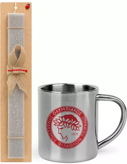 Πασχαλινή Λαμπάδα Ολυμπιακός Σετ με Μεταλλική Κούπα 300ml Αρωματική Γκρι