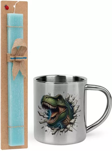 Πασχαλινή Λαμπάδα Dinosaur Break Wall Σετ με Μεταλλική Κούπα 300ml Αρωματική Τιρκουάζ