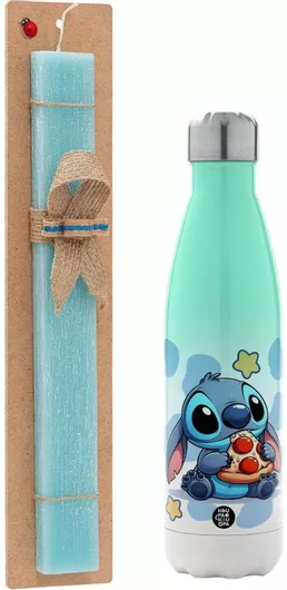 Πασχαλινή Λαμπάδα Stitch Pizza Σετ με Θερμός Inox 500ml Αρωματική Τιρκουάζ