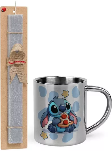 Πασχαλινή Λαμπάδα Stitch Pizza Σετ με Μεταλλική Κούπα 300ml Αρωματική Γκρι