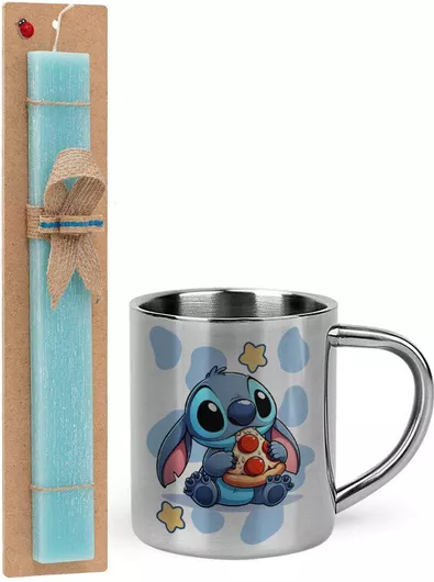 Πασχαλινή Λαμπάδα Stitch Pizza Σετ με Μεταλλική Κούπα 300ml Αρωματική Τιρκουάζ