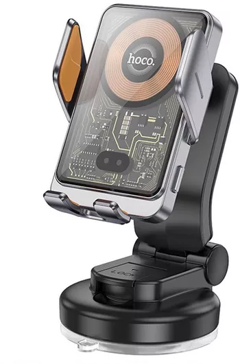 Βάση Κινητού Hoco με Ρυθμιζόμενα Άγκιστρα με Βεντούζα & Ασύρματη Φόρτιση Metal Gray
