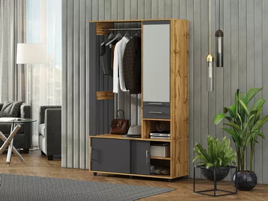Έπιπλο Εισόδου Germes με Κρεμάστρα / Καθρέπτη / Παπουτσοθήκη 112x42x193cm Ρουστίκ Ανθρακί