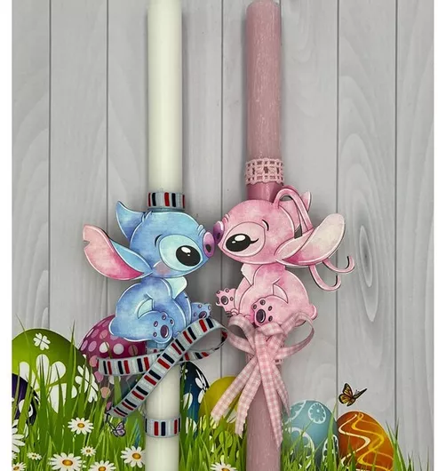 Πασχαλινή Λαμπάδα για Zευγάρι Stitch Angel 30cm Λευκό / Ροζ
