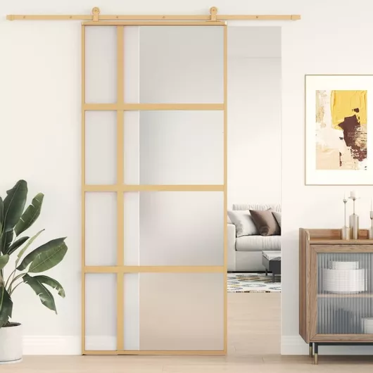 Πόρτα vidaXL Συρόμενη Χρυσή 90x205cm Αμμοβολή ESG Γυαλί / Αλουμίνιο
