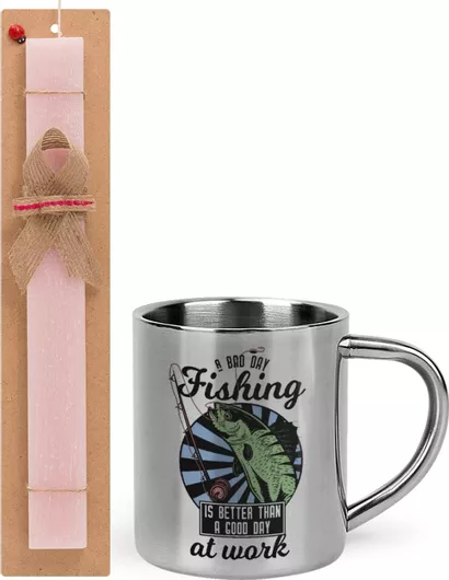 Πασχαλινή Λαμπάδα A Bad Day Fishing is Better Than a Good Day at Work Σετ με Μεταλλική Κούπα 300ml Αρωματική Ροζ