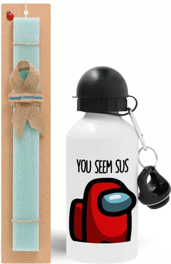 Πασχαλινή Λαμπάδα Among Us You Seem Sus Σετ με Παγούρι Αλουμινίου 500ml Αρωματική Τιρκουάζ