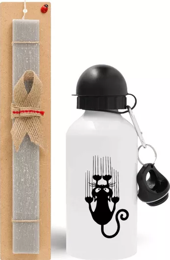 Πασχαλινή Λαμπάδα Cat Scratching Σετ με Παγούρι Αλουμινίου 500ml Αρωματική Γκρι