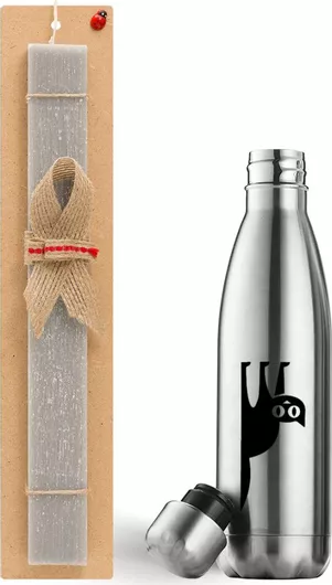 Πασχαλινή Λαμπάδα Cat Upside Down Σετ με Θερμός Inox 500ml Αρωματική Γκρι