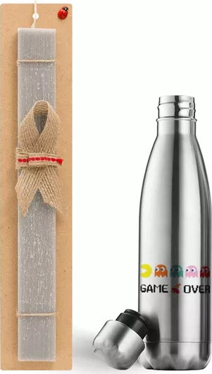 Πασχαλινή Λαμπάδα Game Over Pacman Σετ με Θερμός Inox 500ml Αρωματική Γκρι