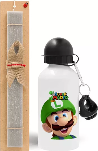 Πασχαλινή Λαμπάδα Super Mario Luigi Σετ με Παγούρι Αλουμινίου 500ml Αρωματική Γκρι