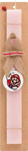 Πασχαλινή Λαμπάδα Super Mario Win Σετ με Ξύλινο Μπρελόκ Αρωματική Ροζ