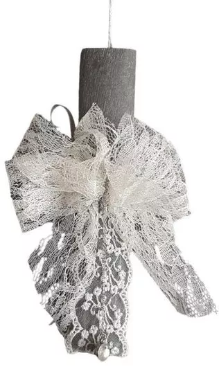 Πασχαλινή Λαμπάδα Χειροποίητη Στρογγυλή με Δαντέλα & Κολιέ Ασημί με Καρδιά Στρογγυλή Σχέδιο & Στρας Γκρι