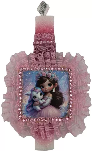 Πασχαλινή Λαμπάδα Papell Αρωματική Χειροποίητη Πλακέ Νεράιδα με Μονοκεράκι Δαντέλα Ροζ