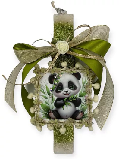 Πασχαλινή Λαμπάδα Αρωματική Χειροποίητη Πλακέ Καδράκι Panda με Πομ Πομ