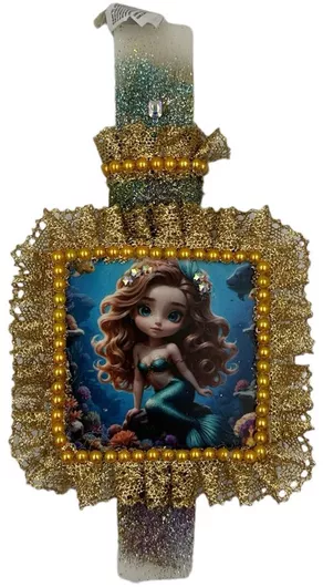 Πασχαλινή Λαμπάδα Papell Αρωματική Χειροποίητη Πλακέ Γοργόνα με Χρυσή Δαντέλα & Πέρλα