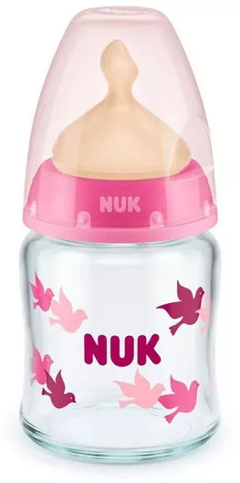 Μπιμπερό Nuk Γυάλινο First Choice Plus με Θηλή Latex M με Δείκτη Ελέγχου Θερμοκρασίας Ροζ 0+ Μηνών 120ml