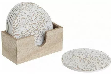 Σουβέρ Inart Στρογγυλό Ξύλινο με Βάση Λευκό Σετ 6τμχ