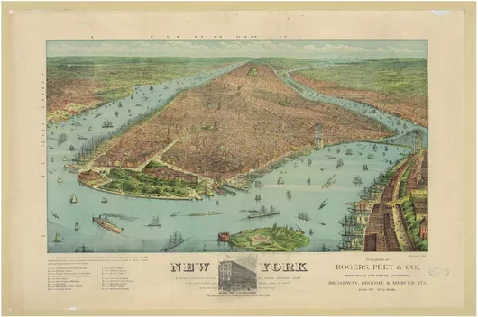 Πίνακας New York: a birdseye view from the harbor, showing Manhattan Island in its surroundings, with various points of interest in the city and the location of Rogers, Peet & Co 40x30cm