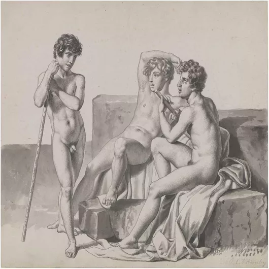 Πίνακας Three young naked boys standing or sitting between blocks of stone. by C.W. Eckersberg 140x140cm