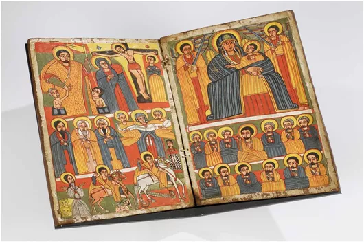Πίνακας two wood panels attached in book form with string; traces of gesso and fragments of running border designs in black on outer front cover; each inner panel split into three horizontal frames showing various scene 180x120cm