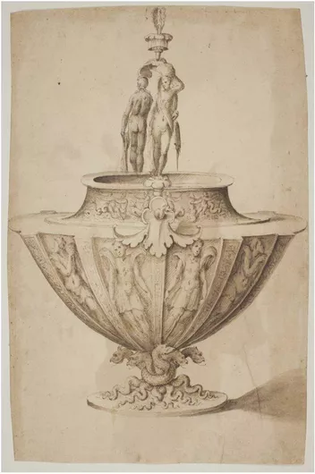 Πίνακας A magnificent bowl with figures and marine scenes on a base encircled by snakes by Giulio Romano 120x180cm