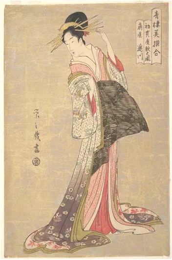 Πίνακας Takigawa of the Ōgiya Brothel: The First Reception Room Appointment of the New Year (Hatsu-uri zashiki no zu: Ōgiya Takigawa), from the series A Comparison of Selected Beauties of the Pleasure Quarters (Seirō bi 120x180cm