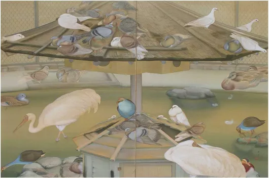 Πίνακας Two-panel screen of an aviary: small octagonal structure bottom center with second, elevated round roof on pole at upper center; set on small island in shallow, green pool with concrete edge; chicken wire fence  65x40cm