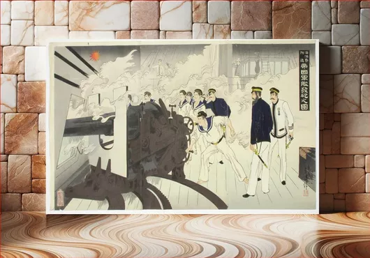 Πίνακας Laivan järeä kanuuna. kohtaus japanin ja kiinan välisestä sodasta (1894-95), 1894 - 1895, Mizuno Toshikata 65x40cm