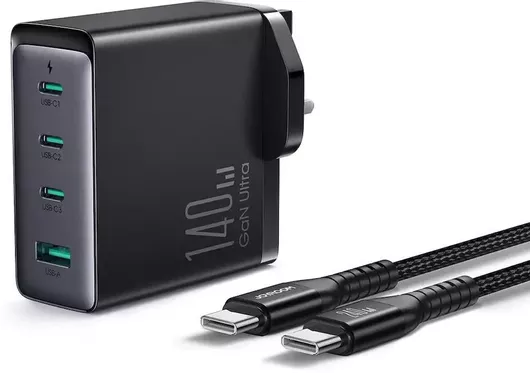 Joyroom Φορτιστής Μπαταριών GaN με Θύρα USB-A & 3 Θύρες USB-C & Καλώδιο USB-C 140W Power Delivery Μαύρος JR-TCG05UK