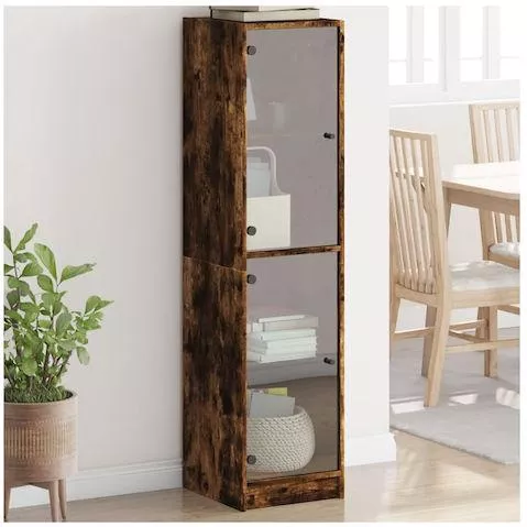 Βιτρίνα Σαλονιού VidaXL Επιδαπέδια από Μοριοσανίδα με Τζάμι Καπνιστή Δρυς 35x37x142cm Καφέ