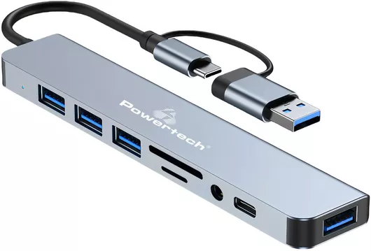 USB Hub Powertech PTR-0151 3.2 5 Θυρών με Σύνδεση USB-A / USB-C Γκρι