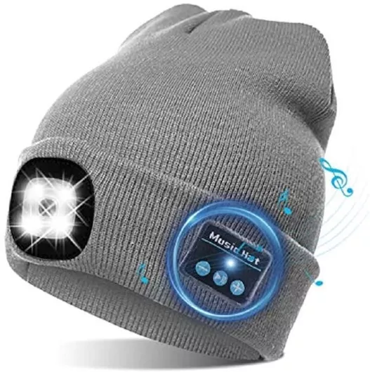 Beanie με Ακουστικά Φακό LED & Μικρόφωνο Πλεκτό Γκρι