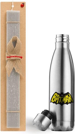 Πασχαλινή Λαμπάδα koupakoupa Batman Classic Logo με Παγούρι Θερμός Μεταλλικό Inox 500ml Αρωματική Πλακέ Γκρι