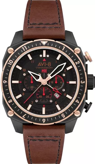Ανδρικό Ρολόι AVI-8 Αναλογικό από Δέρμα Καφέ/Μαύρο 43mm