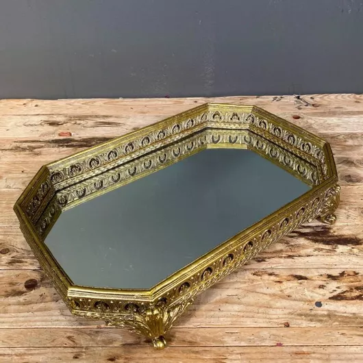 Δίσκος Γάμου Vintage Πολύγωνος με Καθρέφτη Χρυσός 40x28cm