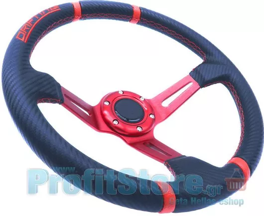 Τιμόνι Αυτοκινήτου Αγωνιστικό Δέρμα Τριάκτινο 34cm Μαύρο / Κόκκινο