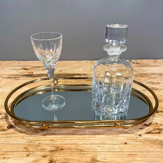 Σετ Γάμου με Δίσκο Οβάλ Χρυσός Κρυστάλλινη Καράφα Ποτήρι Ανάγλυφα