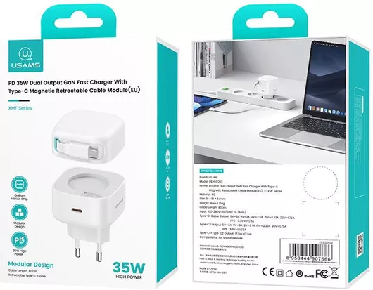 Usams Φορτιστής με Θύρα USB-C & Καλώδιο USB-C - USB-C 35W Power Delivery Λευκός US-CC202